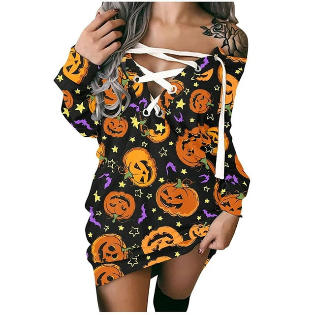 FOCUSNORM Robe Imprimée d'Halloween pour Femmes Juniors, Mode à Nouer Col Rond Manches Longues une-Pièce