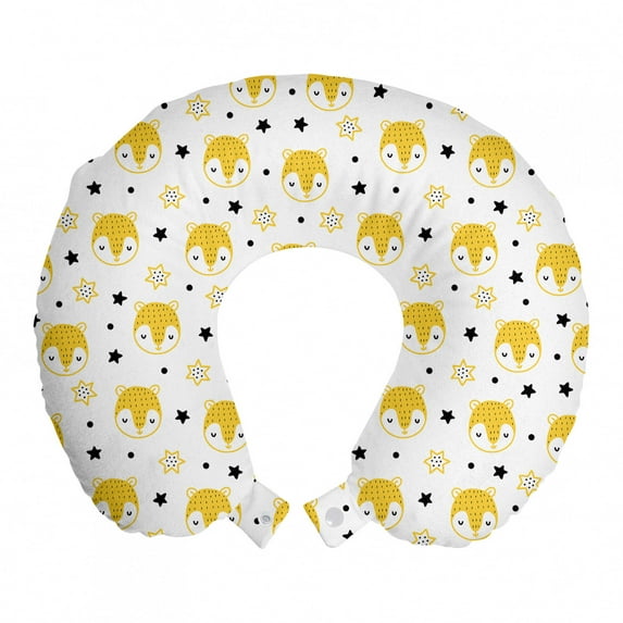 Doodle Travel Pillow Neck Rest, Hand Drawn Bear Heads Stars and Polka Dots Funky Pattern, Memory Foam Traveling Accessory Airplane and Car, 12", Mustard Charcoal Grey, by Ambesonne