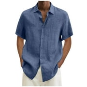 Mens Shirts Men Casual T-shirt Solid Short Sleeve Stand Collar Buttons Pullover Blouse Tops Untuckit Shirts,Blue,XL