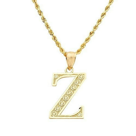 LOVEBLING 10K Yellow Gold Diamond Cut A to Z Alphabet Initial Letter Charm Necklace Pendant (Small) (Z) (0.78")