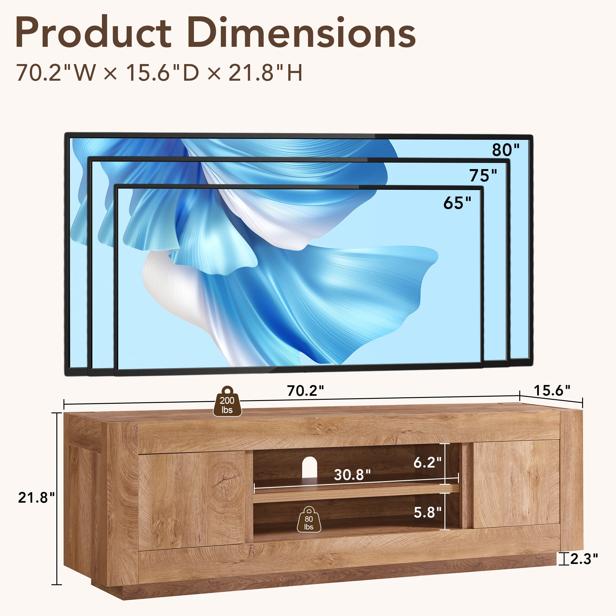 KeyWhat 70" Modern Low Profile TV Stand for TVs up to 80", Open Storage & Adjustable Shelves