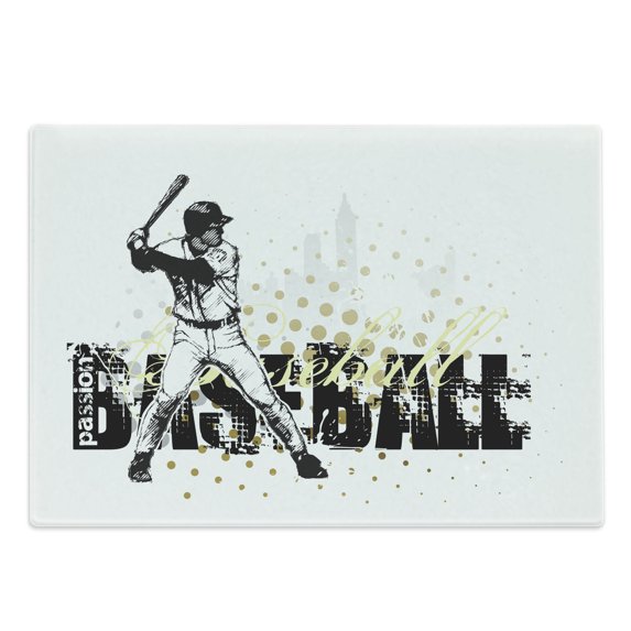 Baseball Cutting Board, Softball Background Dots and Grunge Dark Lettering Batting Team Game, Decorative Tempered Glass Cutting and Serving Board, Large Size, Black Yellow White, by Ambesonne