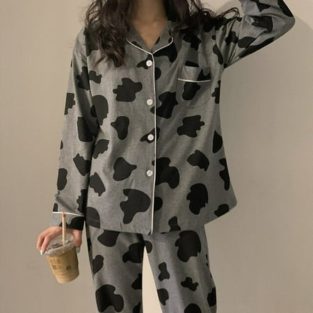 

CoCopeaunt Summer Autumn Women Pajamas Set Japanese Cute Dairy Cow Print Long Sleeve Sleepwear Winter Turn-down Collar Casual Nightwear