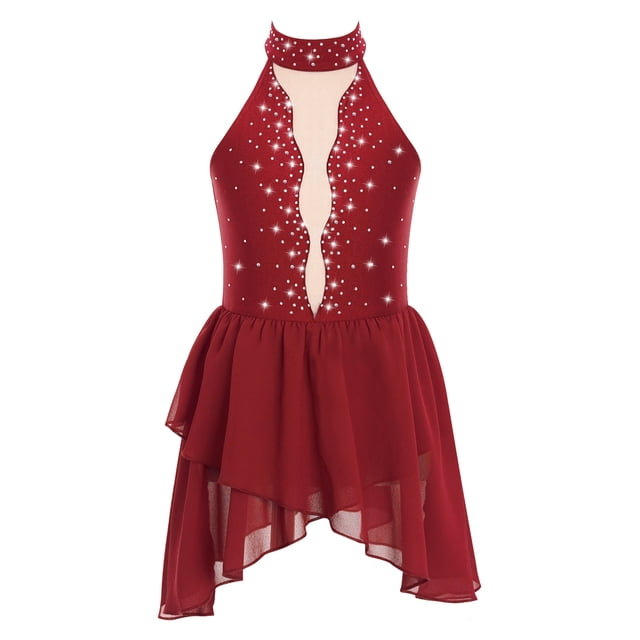 RUNQHUI Robe de Danse Lyrique pour Filles Enfants Sans Manches Dos Nu avec Strass Bordeaux 8