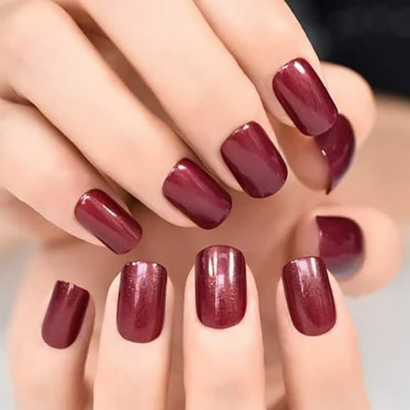 CurvLife Wine-red Glamour Press-On Nails - 24PCS Short Square, Minimalist Style, Non-Toxic & Reusable