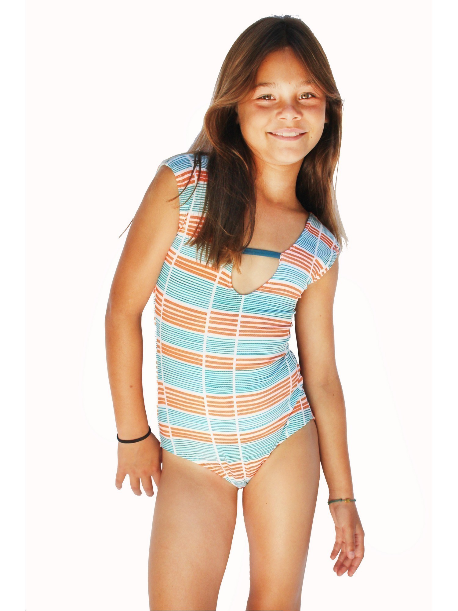 Azul Swimwear Azul Girls Orange Running Lines Strappy Back One Piece