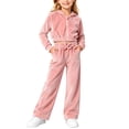 thumbnail image 4 of SHTXOZHI Velvet Outfits for Girls Cropped Long Sleeve Tops Matching Wide Leg Pants Shiny Loungewear 2 Piece Sets, 4 of 9