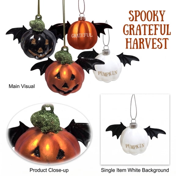 Halloween Pumpkin Bat Wing Hanging Ornament, 3 Inch Orange Grateful Fall Decor Bauble for Thanksgiving Tree Home Party