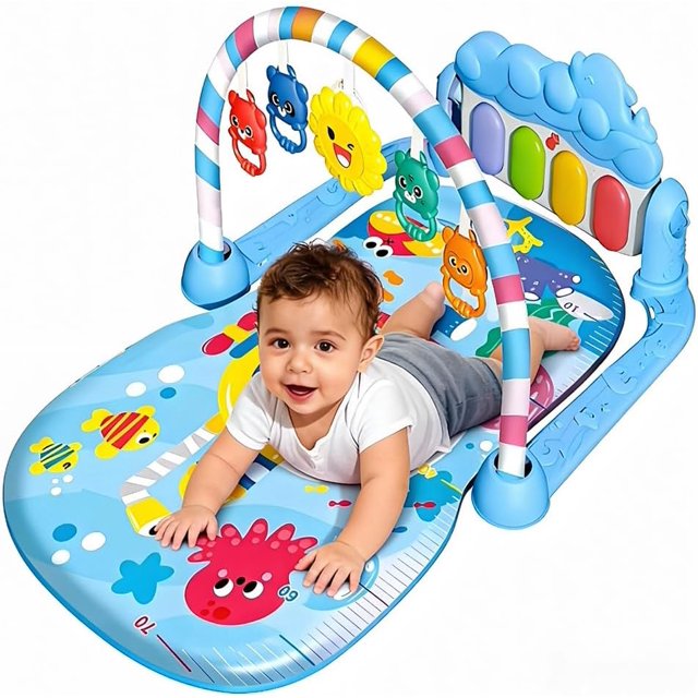 Baby Gym Musical, Gimnasio de Actividades para Bebés con Piano y Juguetes, Tapete Musical con Juegos, Diseños Divertidos (Azul)