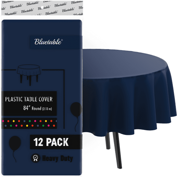 Round Plastic Tablecloth Navy Blue Disposable (12 Pack) Bulk - Heavy Duty Table Cloth (84” Inches) Round Tables Tablecloths
