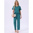 thumbnail image 4 of DARING DIVA Satin Pajamas Silky Short Sleeve V Neck Shirt Long Pant Set M Peacock Green, 4 of 7