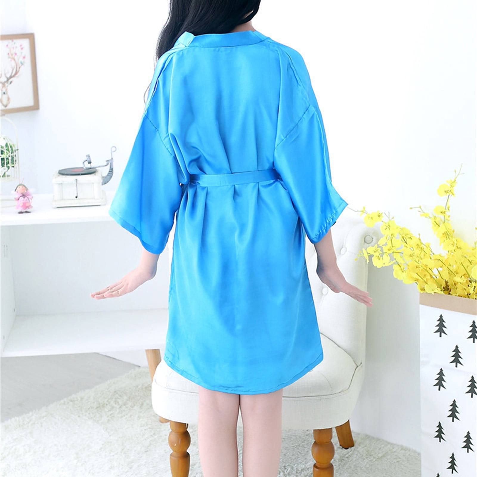 Lovskoo Toddler Baby Kids Girls Solid Silk Satin Kimono Robes Bathrobe Sleepwear Coat Baby Clothes Sky Blue 8 9 Years