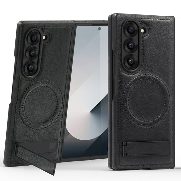 Dteck Magnetic Leather Case for Samsung Galaxy Z Fold 6,Shockproof Leather Compatible with Mag-safe Adjustable Kickstand Protective Cover for Galaxy Z Fold 6 5G,Black