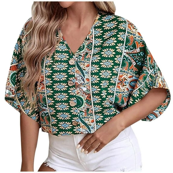 Boho Tops for Women Loose Fit Casual Bohemian Printed Loose Short Sleeve V-neck Pullover Blouse Floral Shirt