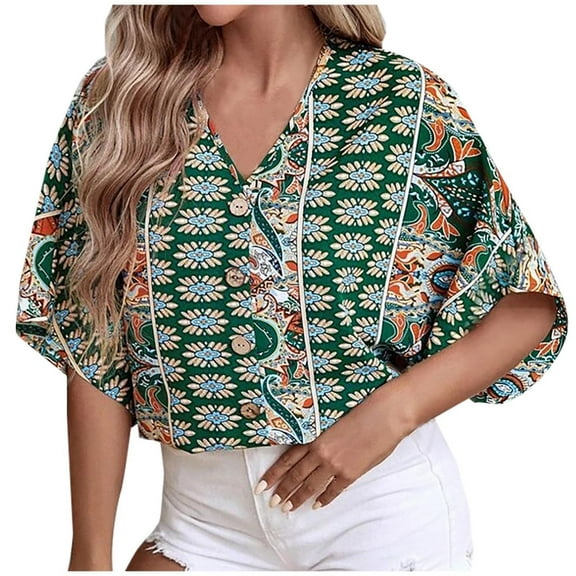 Womens V Neck 3/4 Sleeve Tops Bohemian Printed Mexican Peasant Blouses Loose Casual Bell Sleeve Button Down Shirts