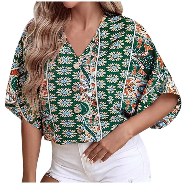 CEHVOM Femmes Décontracté Bohème Ample Imprimé Manches Courtes Col en V Chandail Blouse Hauts