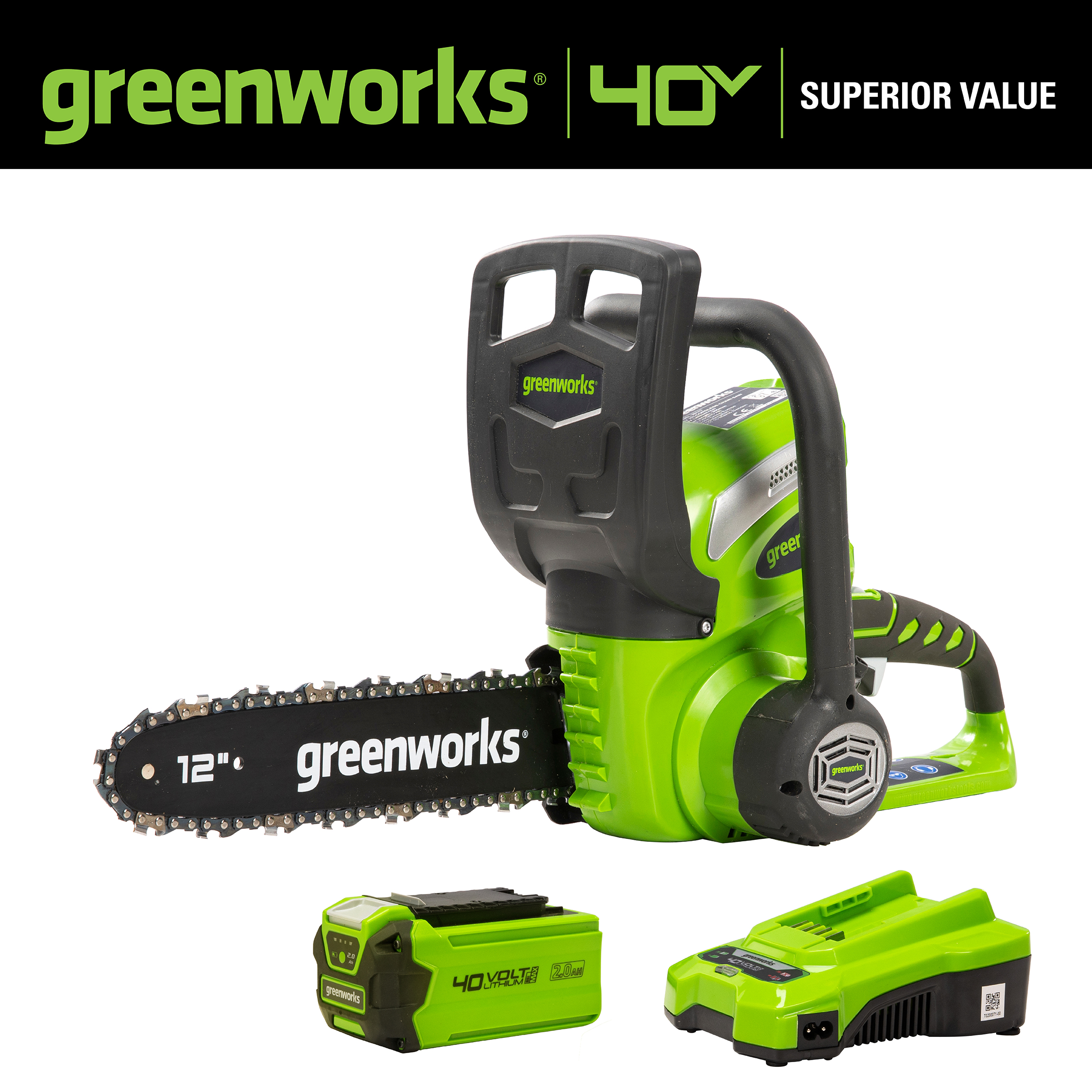 Greenworks 40V 12" Cordless Chainsaw with 2.0 Ah Battery & Charger, 20262 - image 4 of 14