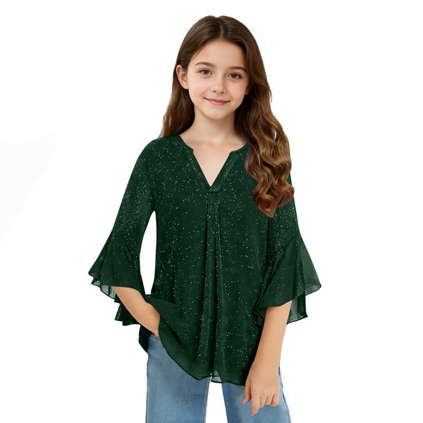Top de fiesta transpirable brillante con estampado dorado de malla de color liso para niñas de tallas medianas y grandes, con mangas 3/4 y escote en V.