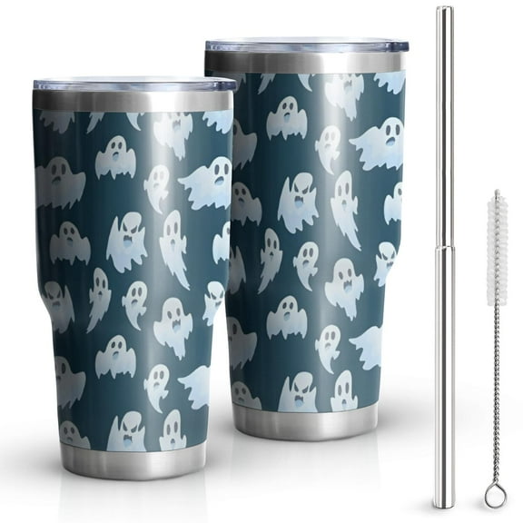 30oz Dark Blue Halloween Ghosts Tumblers Stainless Steel Tumbler with Lid and Straw,Vacuum Insulated Double Wall Travel Tumbler Cups Mug with Cleaning Brush for Coffee,Tea