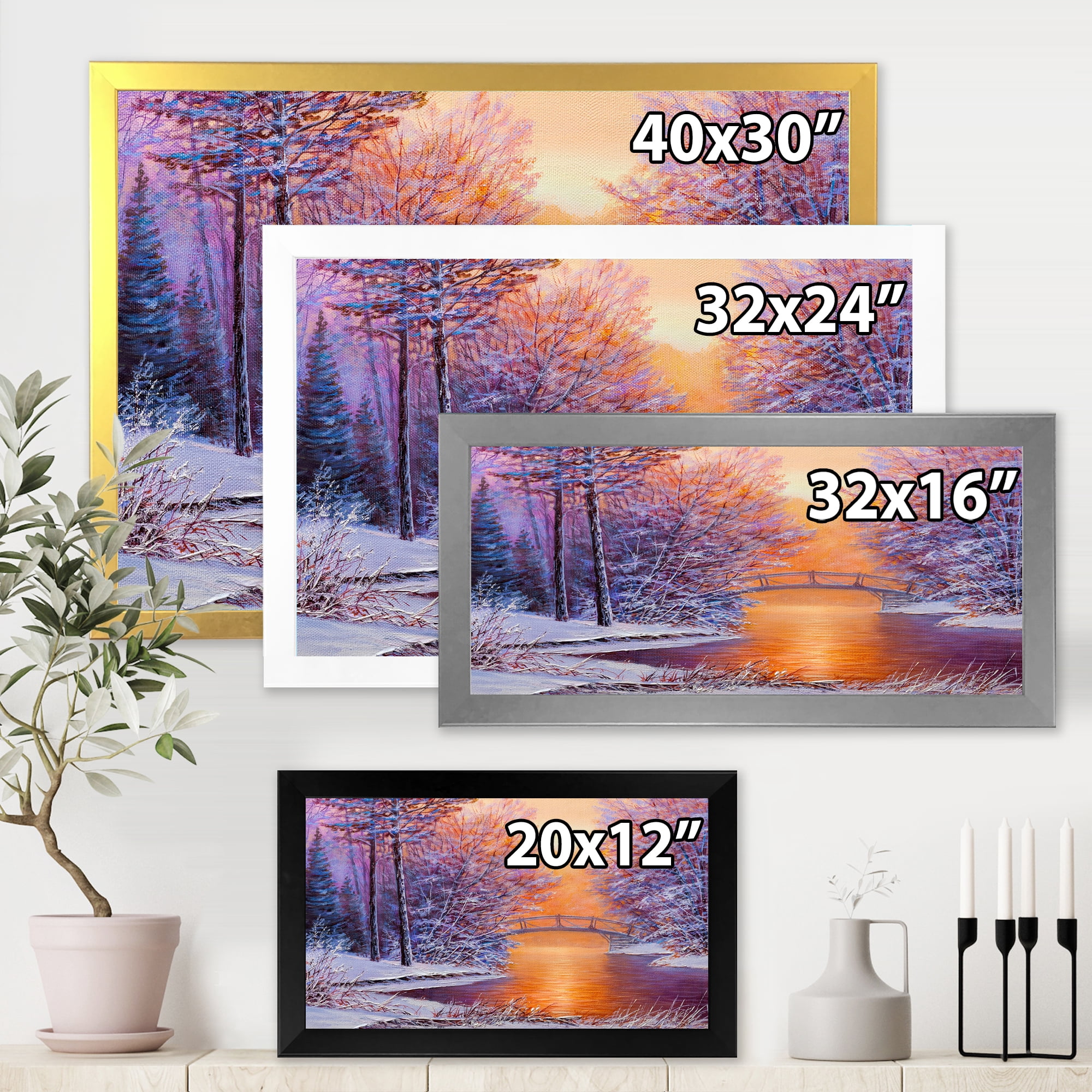 Designart 'Winter Landscape With Bridge Over The River' Traditional Framed Art Print