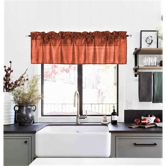 1 piece S18 luxury straight sheer faux silk window curtain valance for kitchen bathroom décor with rod pocket brick color 55" wide X 18" long