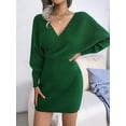 thumbnail image 2 of Women'S Cocktail Knitted Sweater Dress Long Sleeve Batwing Sleeve V-Neck Backless Mini Dress Green M, 2 of 8