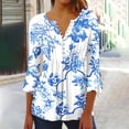 thumbnail image 2 of Pompotops Tunique Décontractée à Manches 3/4 Imprimée Florale Col en V pour Femmes Chemises Basiques d'Été Blouse Plissée Liquidation, 2 of 5