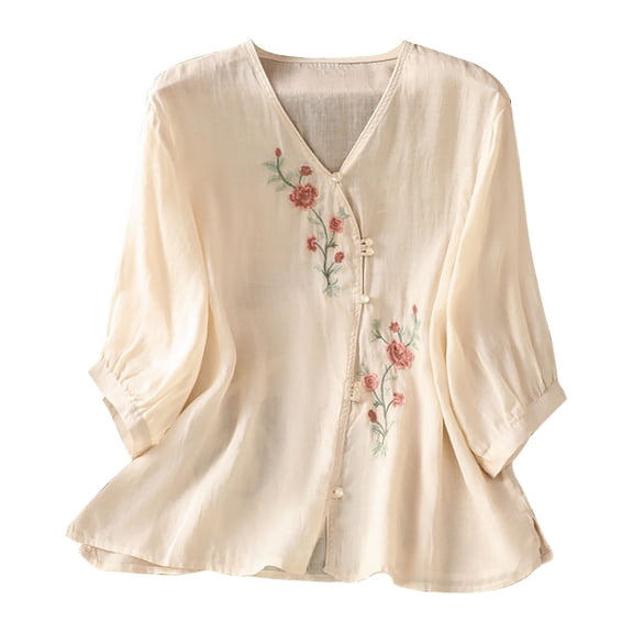 Tweang Embroidered Peasant Tops Boho Peasant Blouses Loose Gauze Tunics V Neck Embroidered Shirt Plain Embroidery Blouse Short Sleeve Gauze Tops V Neck Tunic Cotton Linen Tops for Women Beige L