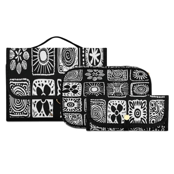 Iauyy 3 Piece Large Portable Hanging Toiletry Bags for Travel,Foldable Makeup Organizer with Multiple Compartments for Men&Women，Black-and-white Collage Doodles