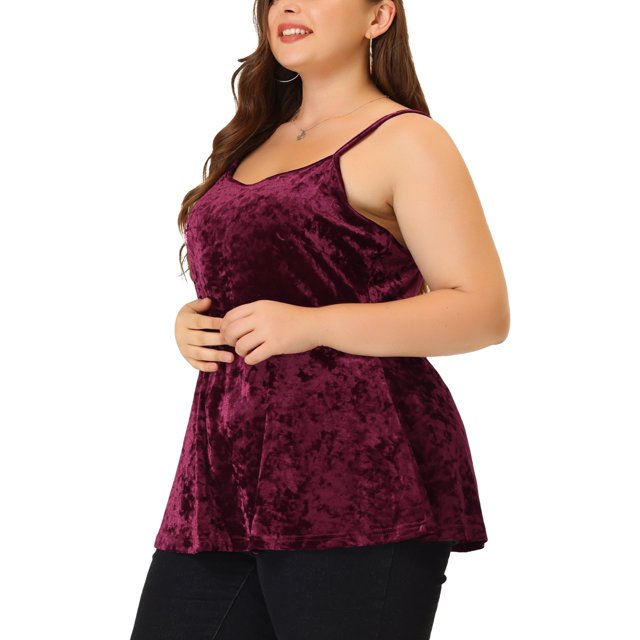 GRACE & GRANDEUR Blouses Cami Grande Taille pour Femmes Bretelles Réglables Velours Peplum Bourgogne 3X