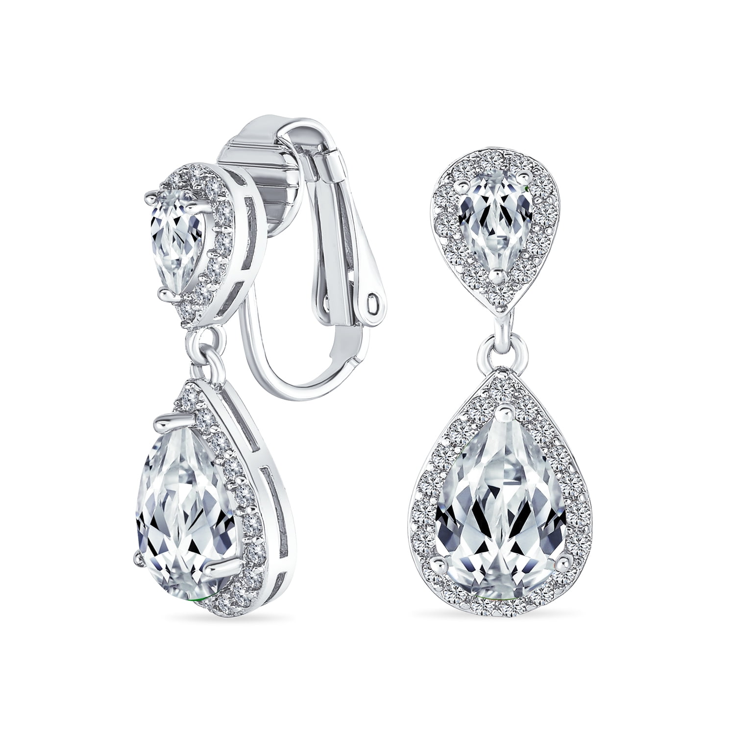 CZ Double Teardrop Clip On Bridal Earrings Rhodium Plated Brass