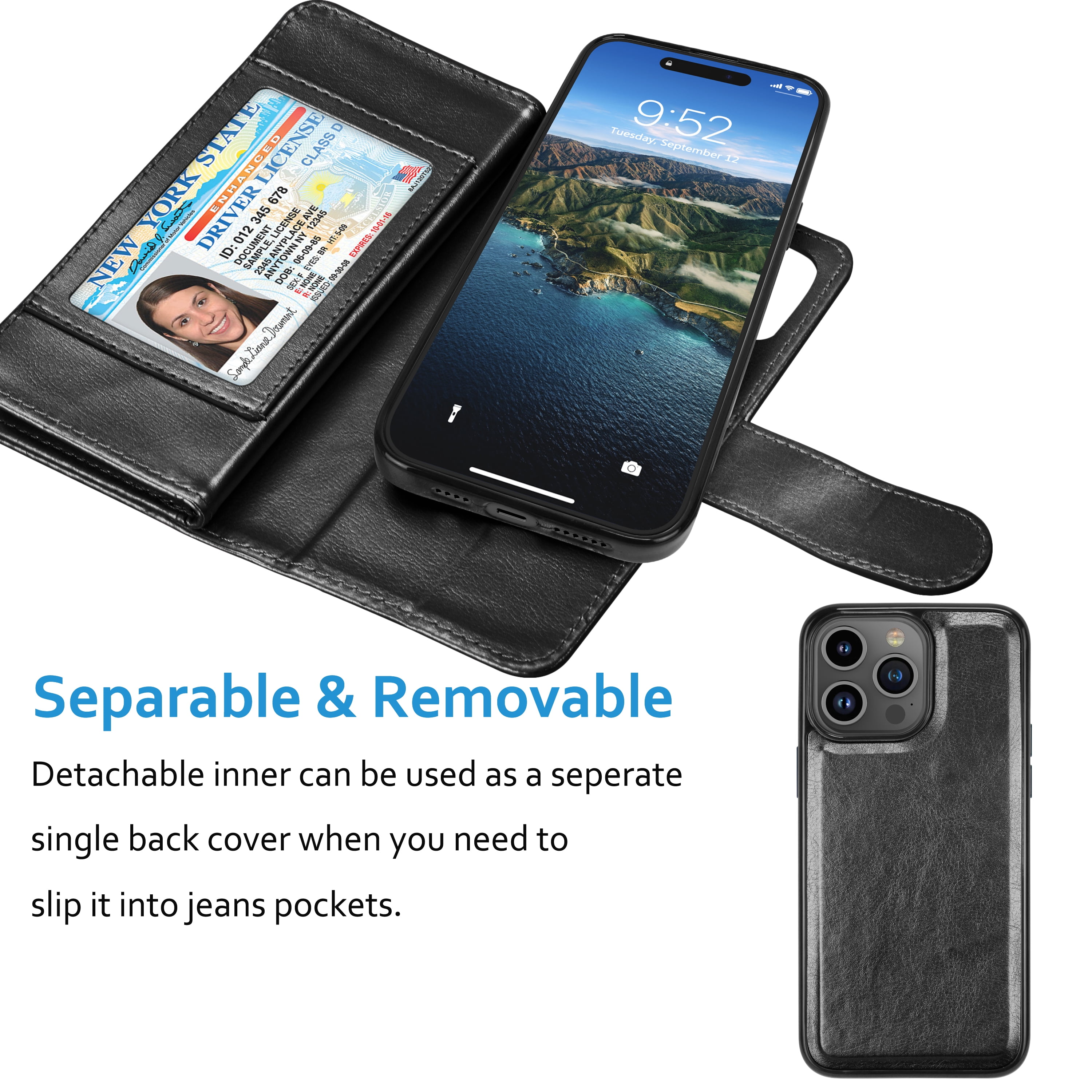 SZHAIYU 2 in 1 Detachable Compatible with iPhone 15 Pro Max Wallet Case  with Card Holder, Retro Premium Flip Leather Cover Magnetic Zipper Pocket
