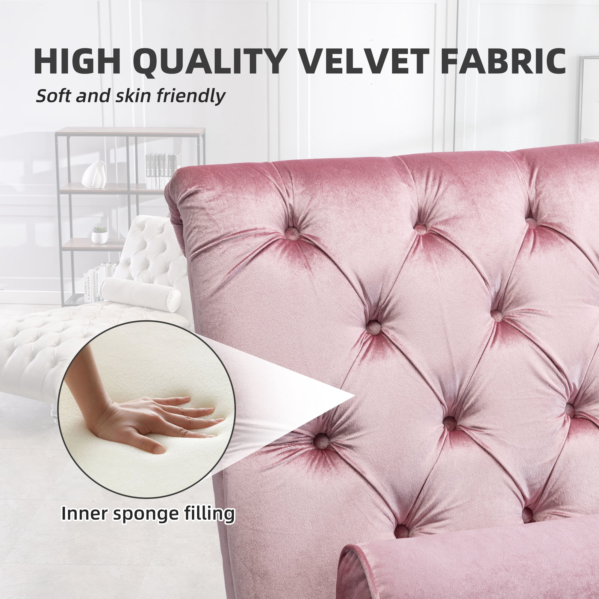 MOONMISS Velvet Chaise Lounge Chair Button Tufted Upholstered with Pillow Indoor