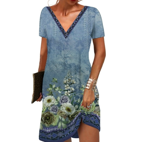 DYMADE Womens Summer Casual Floral Print V-Neck Short Sleeve Knee-Length Dress