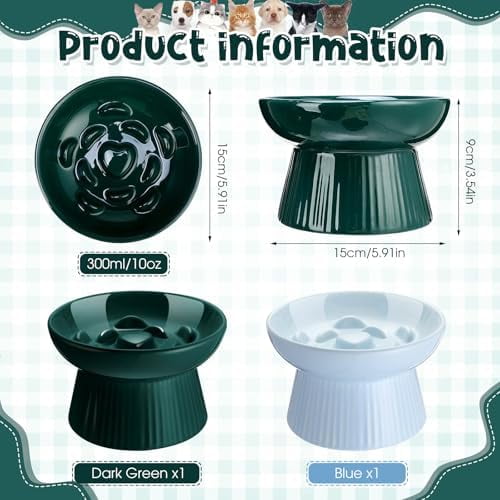 2 Pcs Raised Cat Slow Feeder Bowl Ceramic Elevated Cat Dog Food Bowl No Spill High Edge for Dry Wet Food and Water Easy to Clean, Dishwasher Safe (Dark Green,Blue)