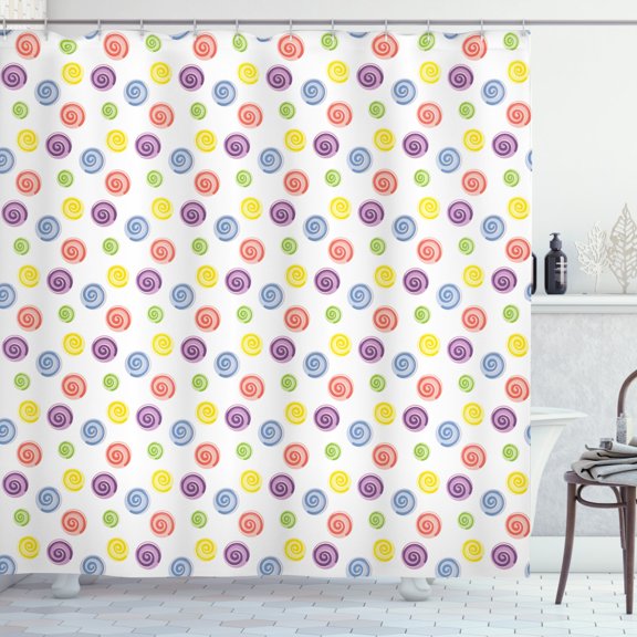 Colorful Shower Curtain, Scroll Look Repeating Shapes in Various Size and Colors Sweet Lollipop Shapes, Fabric Bathroom Set with Hooks, 69W X 70L Inches, Multicolor, by Ambesonne