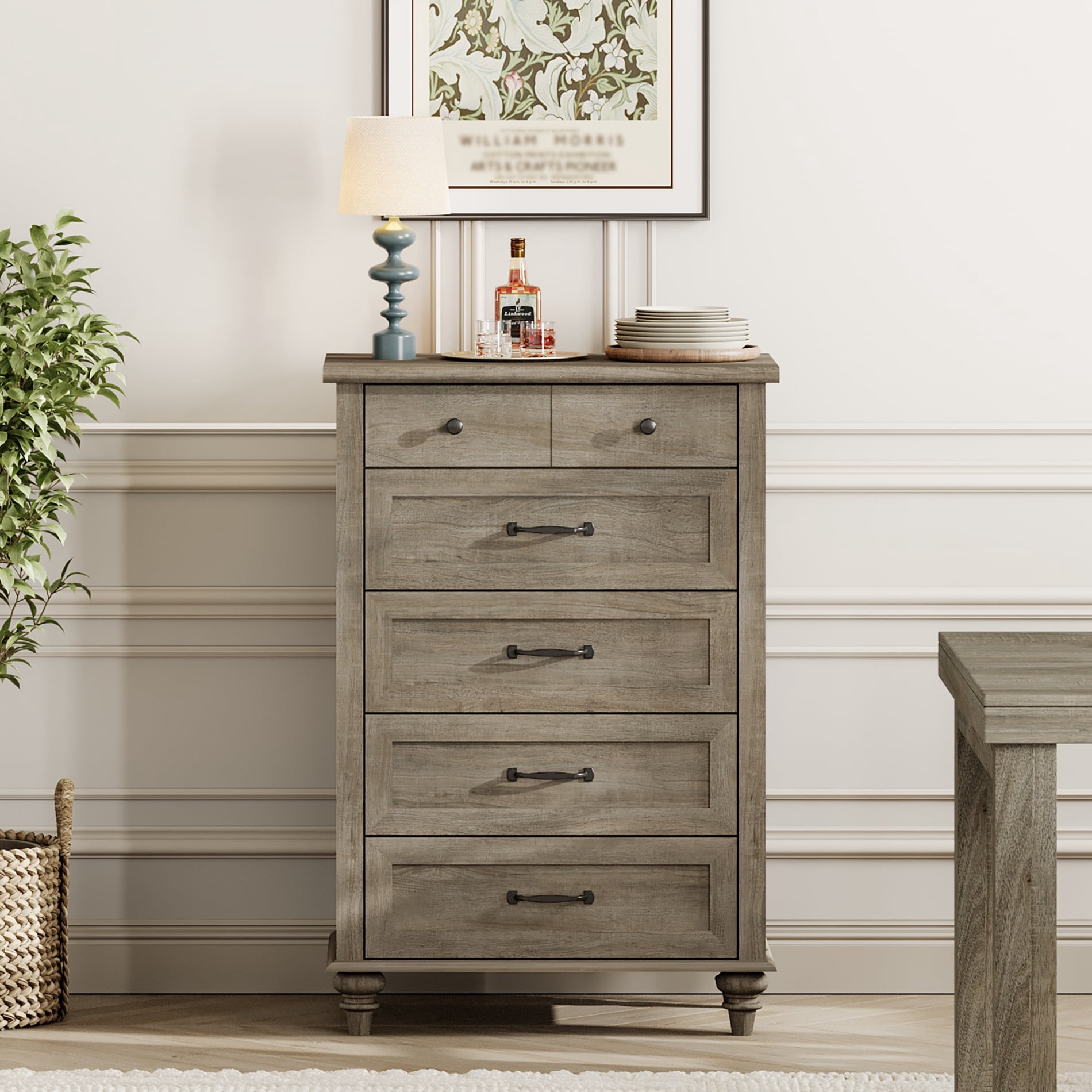 Grey Wood Chest of Drawers, Farmhouse Dresser for Bedroom & Living Room