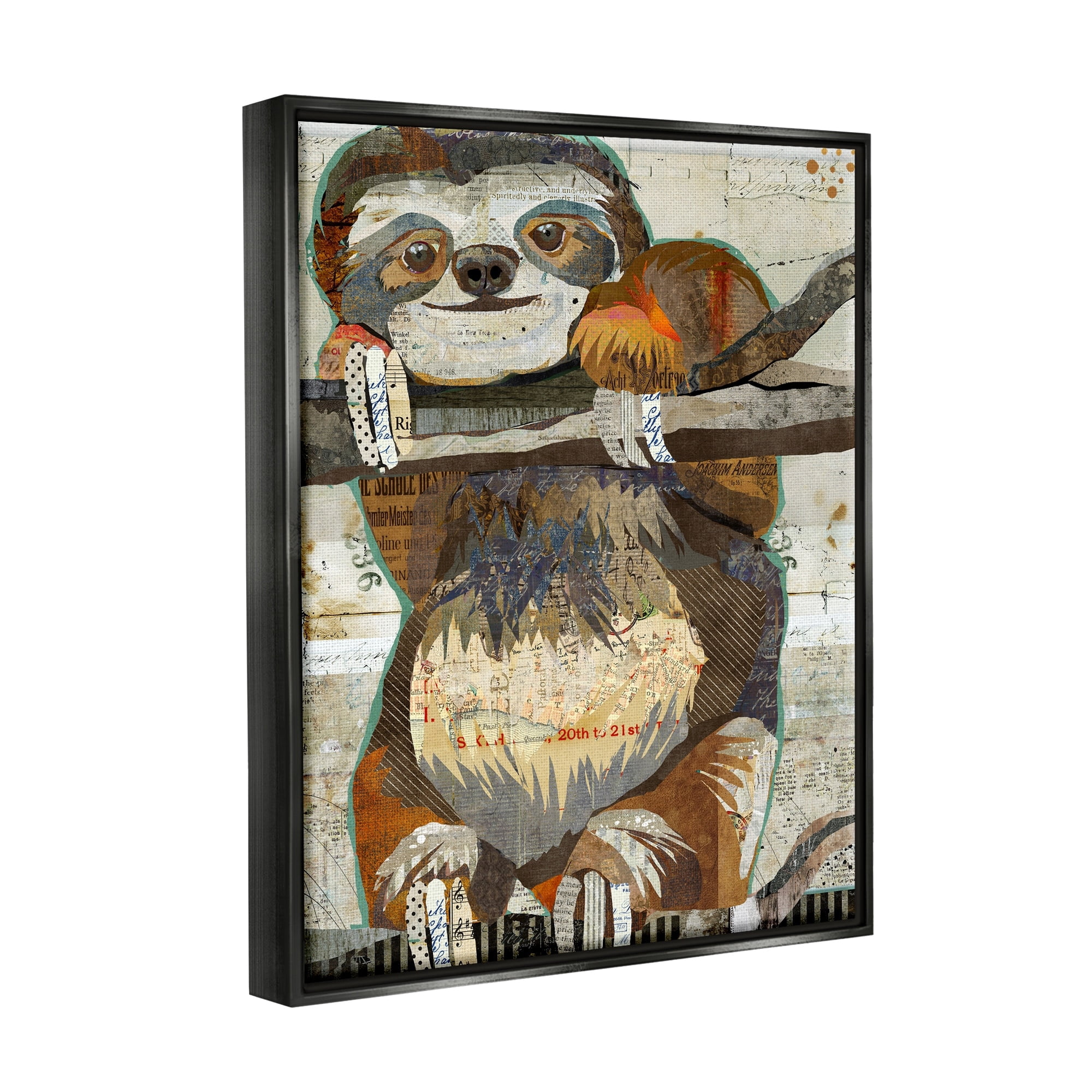 Stupell Industries Smiling Sloth Patchwork Collage Jungle Animal Portrait Graphic Art Metallic Gold Floating Framed Canvas Print Wall Art, Design by Traci Anderson