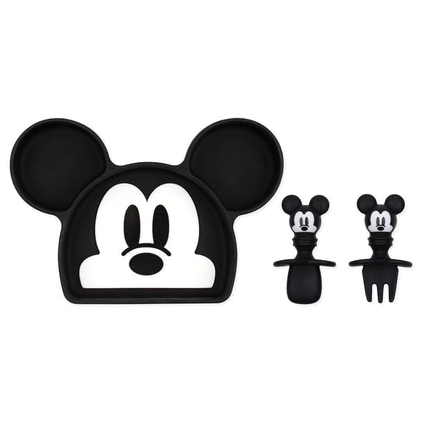 Bumkins Baby Disney Silicone Grip Dish and Chewtensils Set, Plate and Utensils for Ages 6 Mos+ (Mickey Mouse)