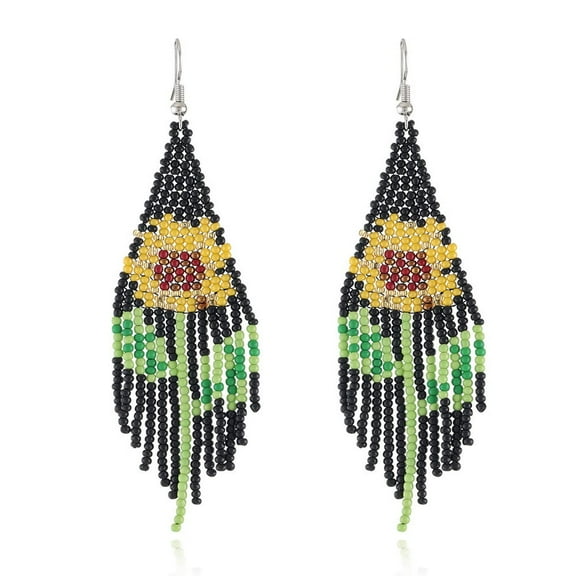 Boho Native Long Sunflower Tree Tassel Beaded Earrings for Women Tribal Ethnic Native Seed Beads Fringe Drop Dangle Earrings,Colorful Chandelier Earrings Statement Handmade Jewelry