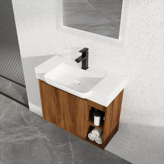 28'' Wall-Mounted Bathroom Vanity with White Ceramic Sink & Soft-Close Doors - Eco-Friendly Design, Ample Storage & Space-Saving Floating Style