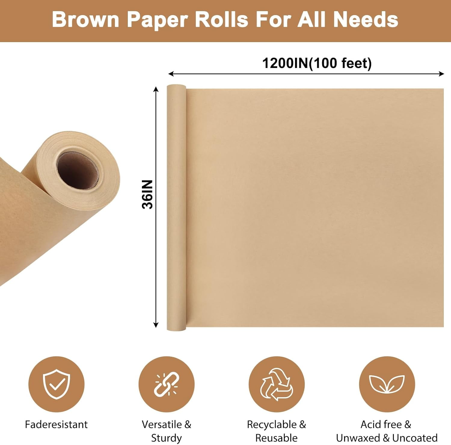 36" x 1,200"(100') Brown Kraft Paper Roll for Bulletin Board, Wrapping Craft Paper Roll for Gift Packing Banner Art Table Covering Bouquet Flower Packing Moving Shipping 75GSM