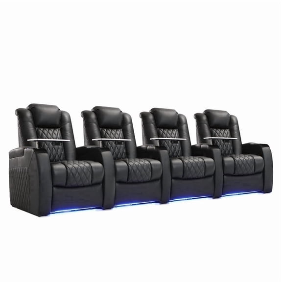 Weilianda Luxury Home Theater Seating Electricity Recliner Power Headrest Recliner Top Grain Leather Movie Chair Gaming Sofa with Tray Table USB Charging Cup Holders,Row of 4 Black