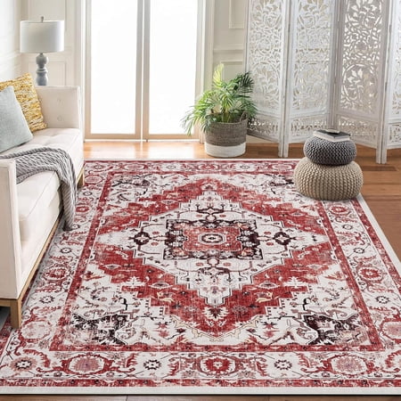 9x12 Vintage Washable Low Pile Area Rug Medallion Distressed Living Room Red