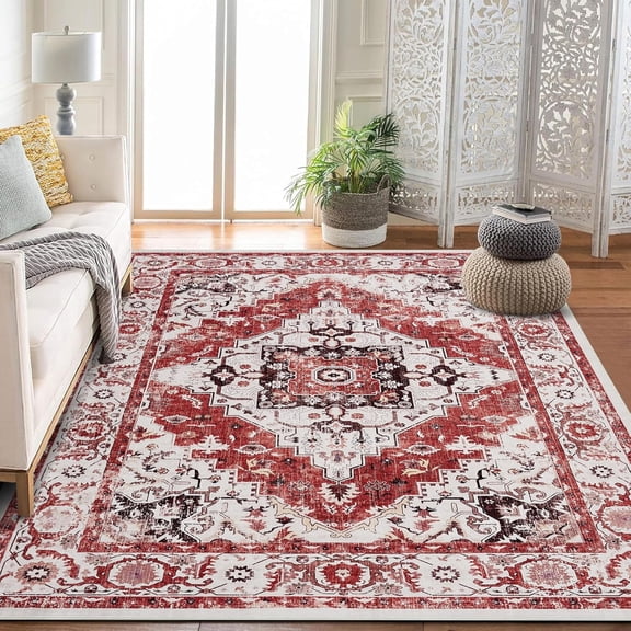 8x10 Red Vintage Washable Low Pile Distressed Area Rug for Living Room