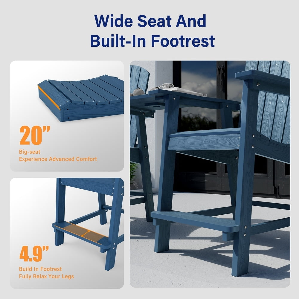 WINSOON Tall Adirondack Chair Set of 2 with Connecting Tray,Outdoor Bar Stools-Navy