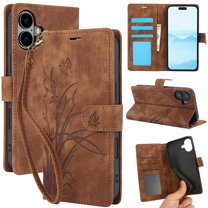 Wallet Case for iPhone 16, PU Leather Flip Protective Phone Case Wrist Strap Card Slots Holder Pocket Embossed Stand Full Body Protection Rugged Case Cover for iPhone 16, Brown