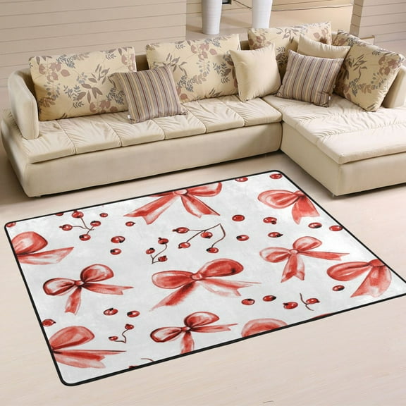 Non-Slip Area Rug 36"x24" Indoor Washable Floor Mats Carpet Printed for Living Room, Bedroom, Home Decor Red Bows and Berries