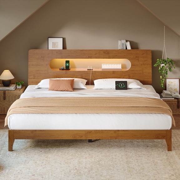 melmine Wood Platform Bed Frame King with Storage Headboard Modern Wooden Bed Frame with LED Lights & Charge Station,Noise-Free,Easy Assembly,Brown