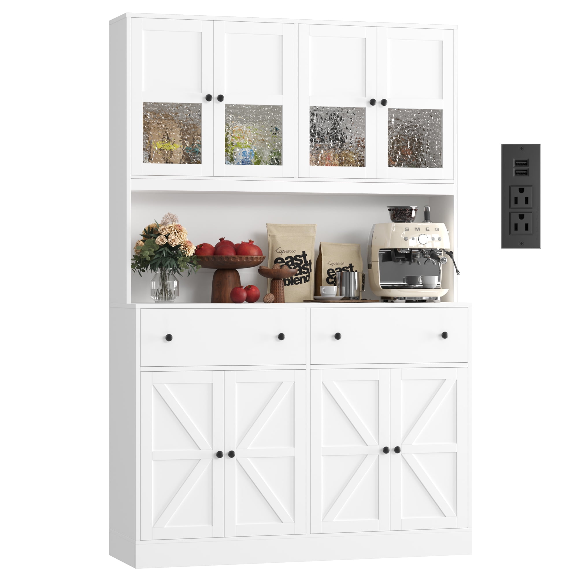 Homfa 71" Tall Kitchen Pantry Cabinet with LED Lights & Charging Station, MDF Freestanding Storage Cupboard with 8 Doors 2 Drawers, Buffet Cabinet with Storage for Dining Living Room, White